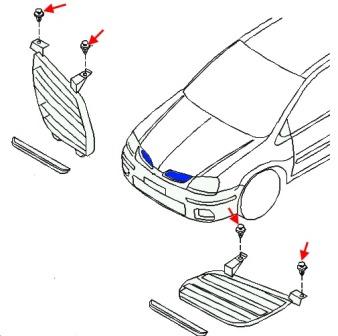 scheme of fastening of the radiator grille of the Nissan Almera Tino